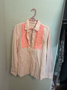 J.Crew Neon Pink Embroidered Striped Long Sleeve Popover Shirt